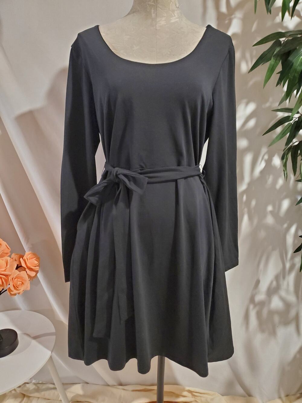 Pact NWT Organic Cotton Tie Waist Skater Dress Long Sleeve Sz XL Black Pockets
